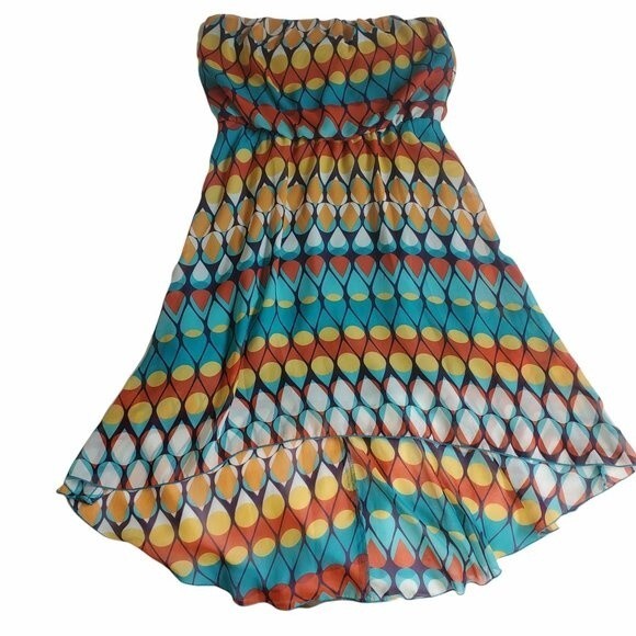 As U Wish Teal Orange Yellow Navy White Multicolor Strapless Hi Low Dress sz M - Picture 1 of 10